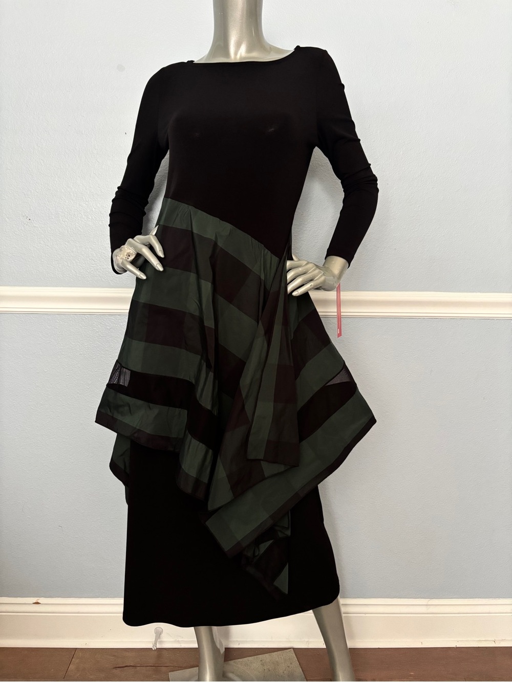 IC Connie K Dress Asymmetrical Layer Mix Black Green Long Sleeve Nwt XS